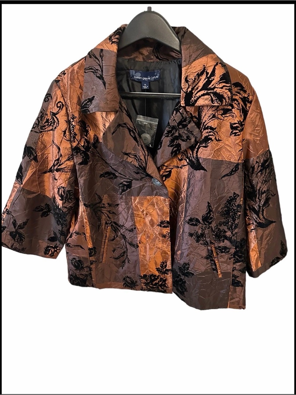 Susan Graver Sz XL Copper Velvet Taffeta Floral Blazer Jacket 3/4 Sleeve